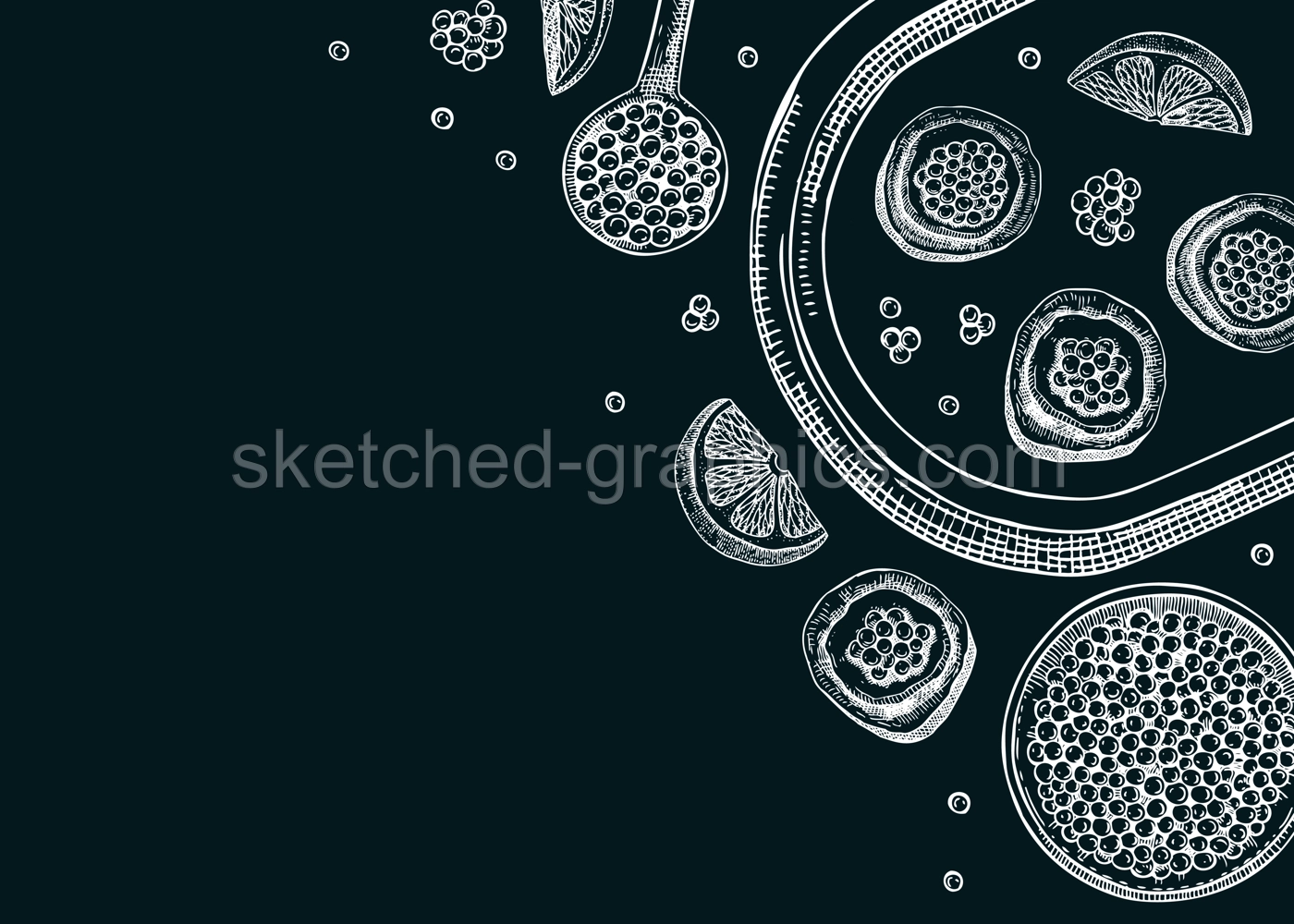 Seafood banner design with red caviar canape, canned caviar, lemons, spices on tray sketches on chalkboard. Sea delicacy background template for restaurant or finger food menu Illustration